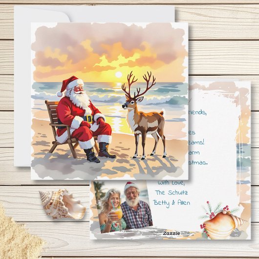 Santa and Reindeer at Beach Personalized Christmas Feestdagenkaart
