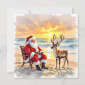 Santa and Reindeer at Beach Personalized Christmas Feestdagenkaart (Voorkant)