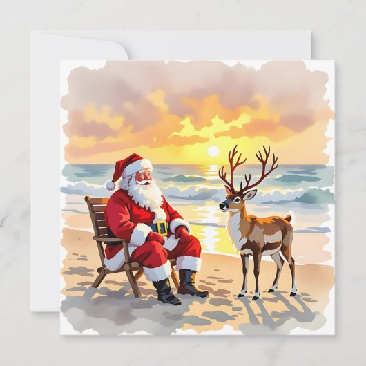 Santa and Reindeer at Beach Personalized Christmas Feestdagenkaart (Voorkant)