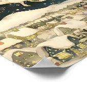 Santa and Reindeer Flying Over Snowy Village Poster (Hoek)