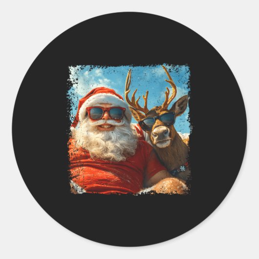 Santa And Reindeer Selfie Funny Christmas Vacation Ronde Sticker (Voorkant)