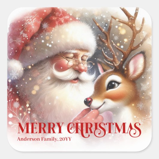 Santa and Rudolph Custom Christmas Party Favor Vierkante Sticker (Voorkant)