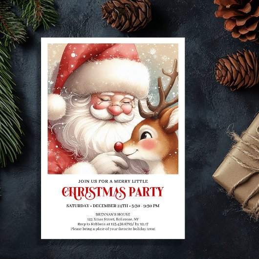 Santa and Rudolph Kids Holiday Party Invitation Kaart