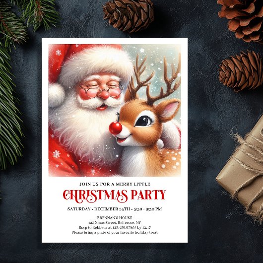 Santa and Rudolph Magical Christmas Party Invite Kaart