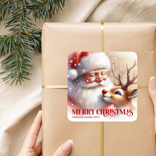 Santa and Rudolph Personalized Kids Christmas Labe Vierkante Sticker
