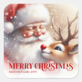 Santa and Rudolph Personalized Kids Christmas Labe Vierkante Sticker (Voorkant)