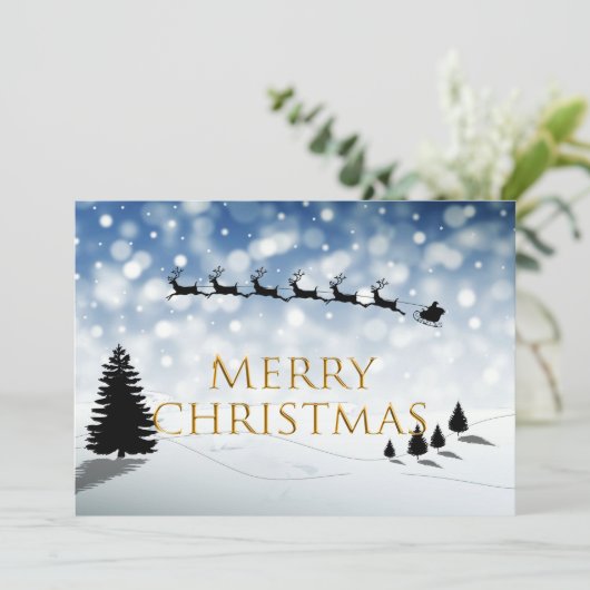 Santa and Sleigh silhouette Snow scene Personalize Feestdagenkaart (Staand voorkant)