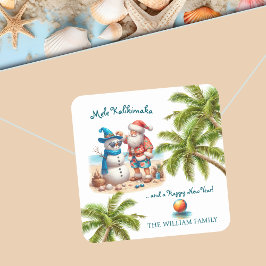 Santa and Snowman Mele Kalikimaka Christmas Vierkante Sticker