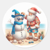 Santa and Snowman Tropical Island Christmas Ronde Sticker (Voorkant)