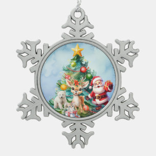 SANTA & ANIMAL FRIENDS PEWTER SNOWFLAKE ORNAMENT