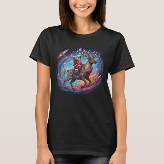 Santa Astronaut Riding Flying Reindeer Space Chris T-shirt (Voorkant)