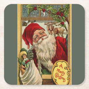 Santa at the Window with Bag of Toys Kartonnen Onderzetters
