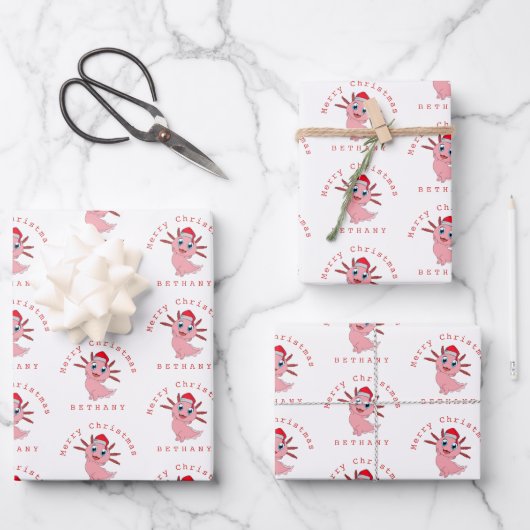 Santa Axolotl Cute Pattern Name Merry Kerstry Inpakpapier Vel (Voorkant)