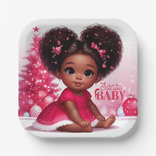 Santa Baby Afro Puff Baby Meisje Kerstmis Papieren Bordje (Voorkant)