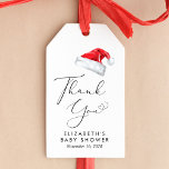 Santa Baby Christmas Baby shower Dank u Cadeaulabel<br><div class="desc">Schattigee cadeau labels voor uw kerstvakantie seizoen baby shower party gunsten met "Santa Baby" en "Thank You" in een elegant script met een hart swash en een waterverf illustratie van een rood Sinterklaas pet. Personaliseer met de naam van de moeder en de douchedatum in eenvoudige moderne typografie.</div>