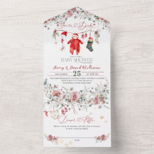 Santa Baby Christmas Baby shower genderneutraal All In One Uitnodiging (Binnen)