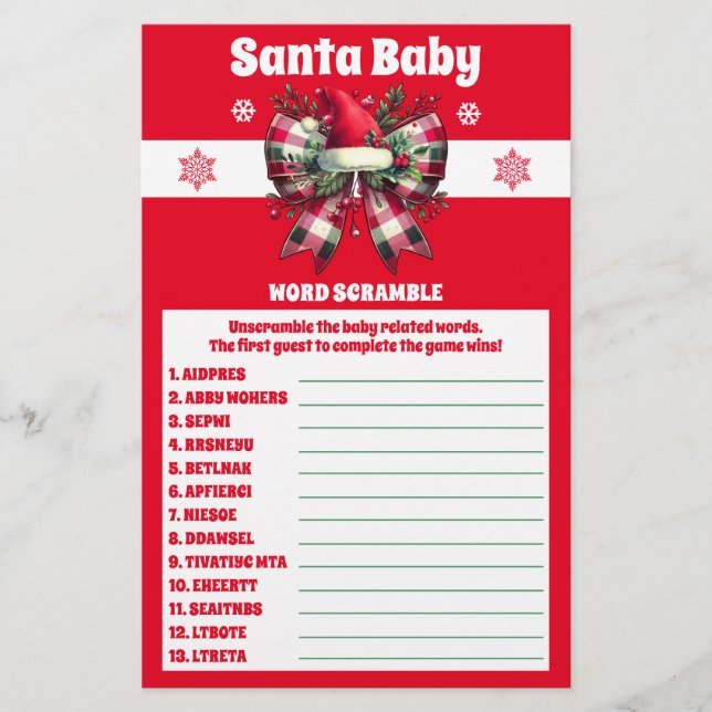 Santa Baby Christmas Bow Baby shower Word Game (Voorkant)