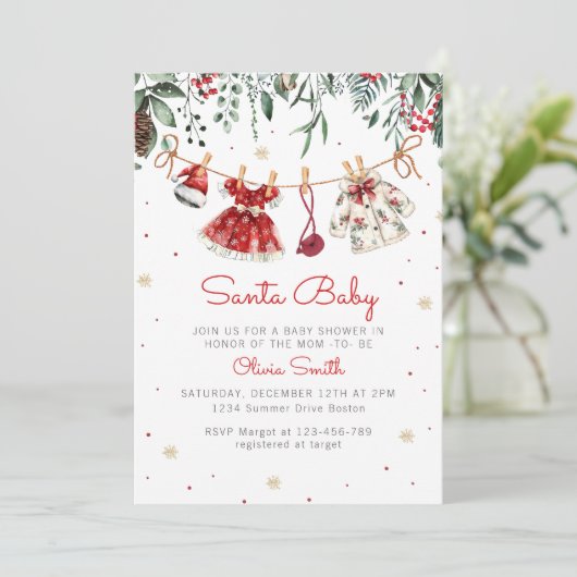 Santa Baby Christmas Girl Kleding Baby shower Kaart (Staand voorkant)