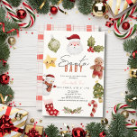 Santa Baby Christmas Holiday Baby shower Kaart<br><div class="desc">Deze schattige "santa baby" genderneutrale baby shower uitnodiging heeft een crème achtergrond met Sinterklaas,  hollies,  een peperkoek man,  ster,  sneeuwman,  kerstboom,  snoepriet,  en kous in waterverf. De achterzijde heeft een witte achtergrond met een rood ruitpatroon. Personaliseer het voor uw behoeften. Je kunt bijpassende producten vinden in mijn winkel.</div>