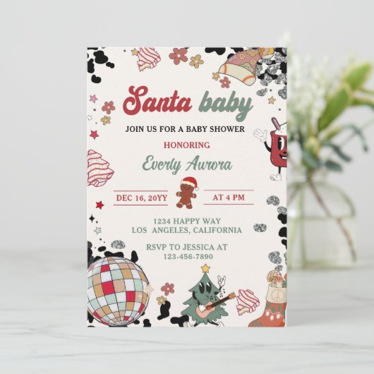 Santa Baby Disco Ball Kerst Baby shower Party Kaart (Staand voorkant)