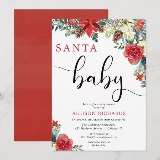 Santa baby florale kerstgroen baby shower kaart (Voorkant / Achterkant)