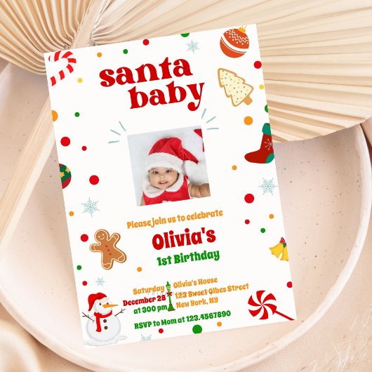Santa Baby Foto Kerstmis 1e verjaardag Uitnodiging
