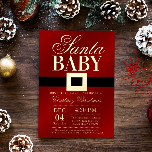 Santa Baby | Kerst Baby Shower Echt Goud Folie Uitnodiging