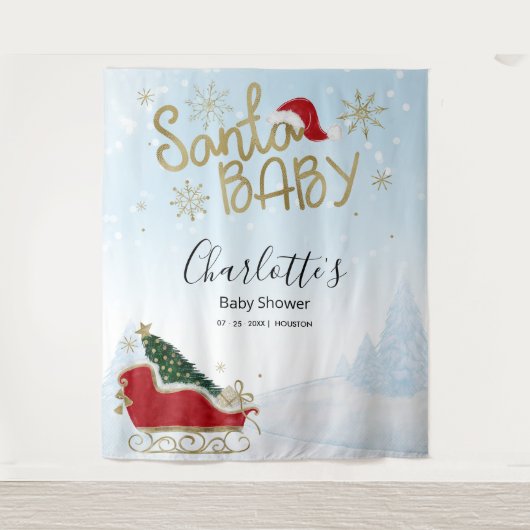 Santa Baby Kerstwinter Baby shower Achtergrond Wandkleed (Voorkant)