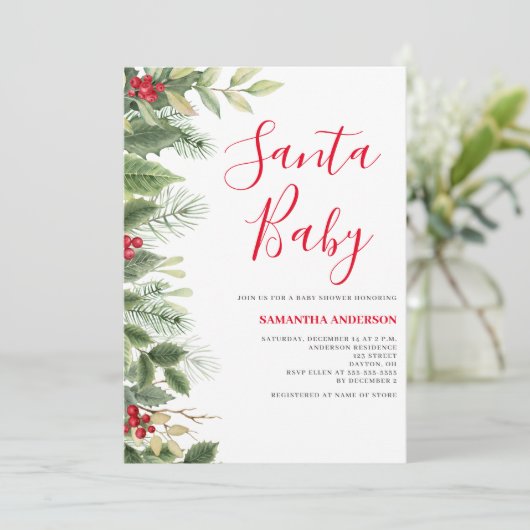 Santa Baby Pine Berry Kerstmis Douche Uitnodiging (Staand voorkant)