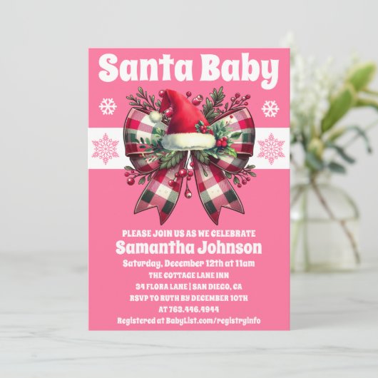 Santa Baby Pink Christmas Coquette Bow Baby shower Kaart (Staand voorkant)