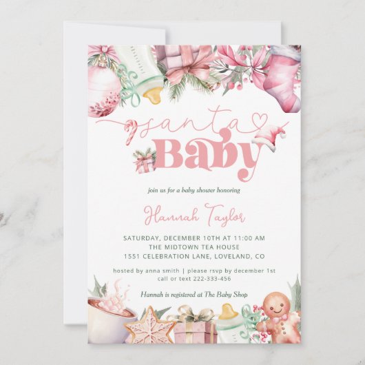 Santa Baby Pink Girl Christmas Baby shower Kaart (Voorkant)