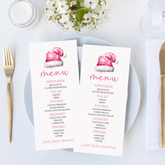 Santa Baby Pink Snowy Santa Hat Baby shower Eten Menu