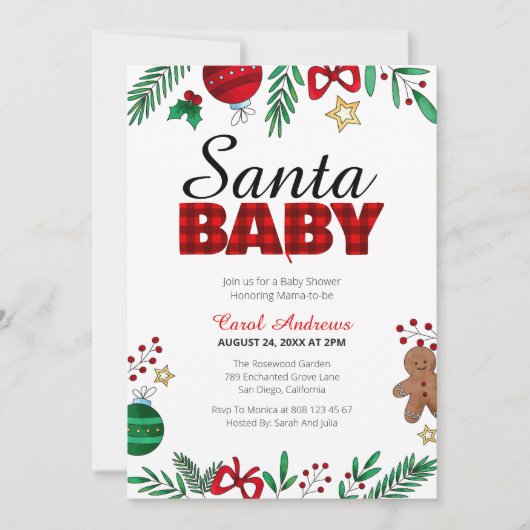 Santa Baby Plaid Botanisch Baby shower Kaart (Voorkant)