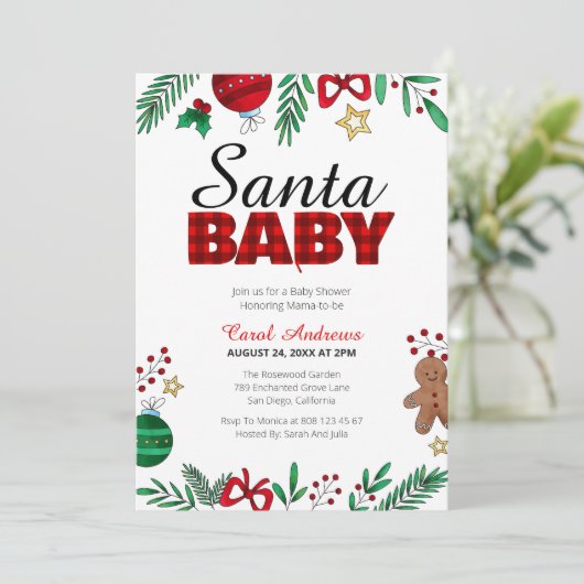 Santa Baby Plaid Botanisch Baby shower Kaart (Staand voorkant)