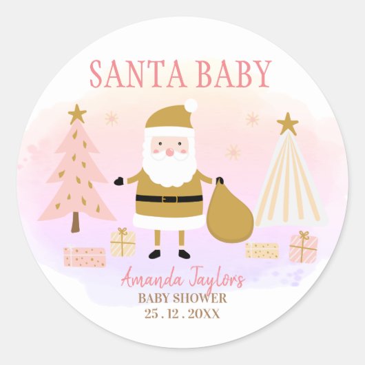 Santa Baby, Roze Goud Baby shower Ronde Sticker (Voorkant)