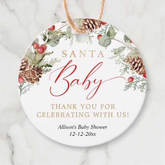 Santa Baby Rustic Winter Greenery baby shower Bedankjes Labels (Voorkant)