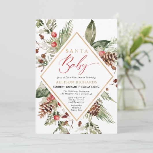Santa Baby Rustic Winter Greenery baby shower Kaart (Staand voorkant)