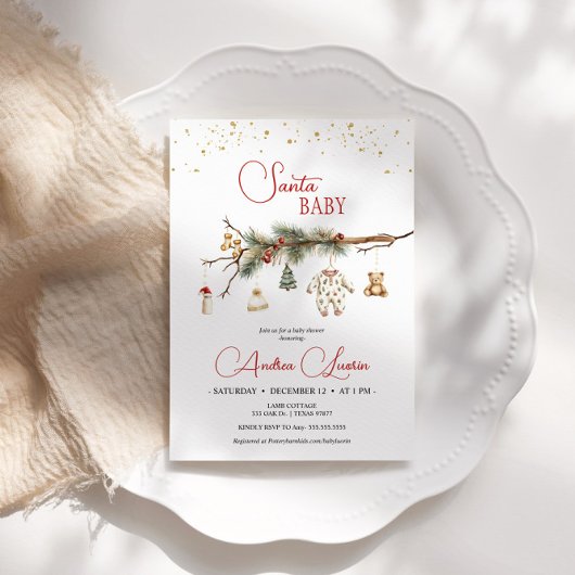 Santa Baby Rustic Winter Greenery baby shower Kaart