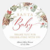 Santa Baby Rustic Winter Greenery baby shower Ronde Sticker (Voorkant)