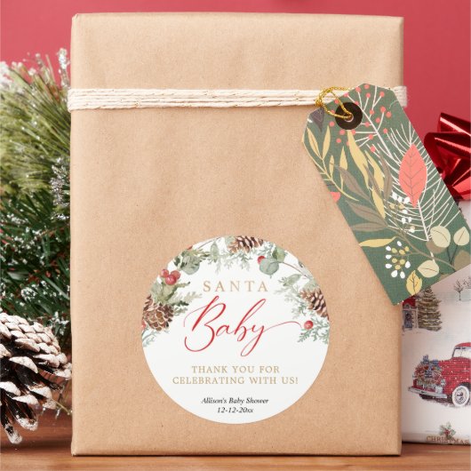 Santa Baby Rustic Winter Greenery baby shower Ronde Sticker (Feestdagen)