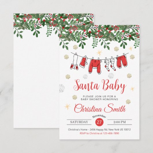 Santa Baby Schattigee Gouden Sneeuwvlokken Winter Kaart (Voorkant / Achterkant)