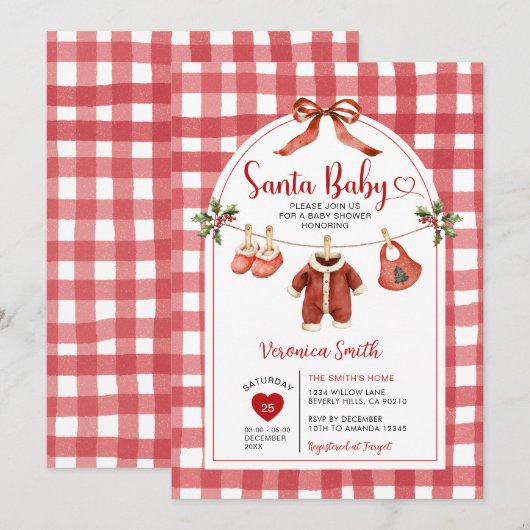 Santa Baby Shower Clothesline Ribbon Gingham Kaart (Voorkant / Achterkant)