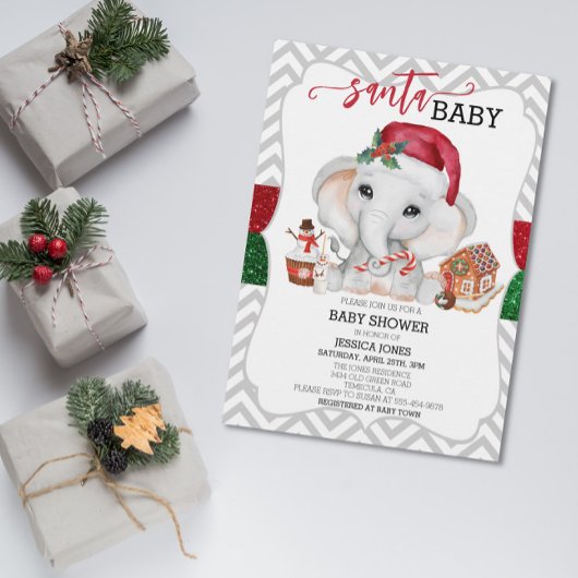 Santa Baby shower Cute Holiday Elephant Chevron Kaart