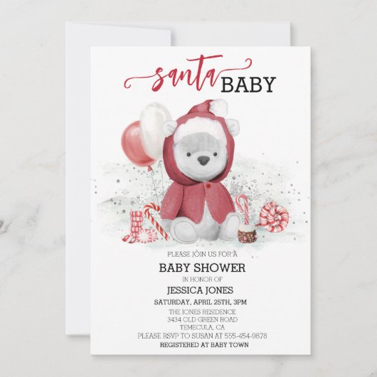 Santa Baby shower Polar Teddy Bear Cub Waterverf Kaart (Voorkant)
