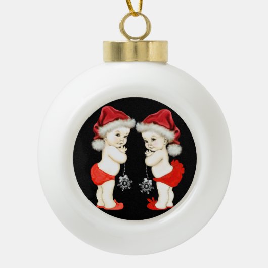 Santa Baby Twin Baby Christmas Keramische Bal Ornament (Voorkant)
