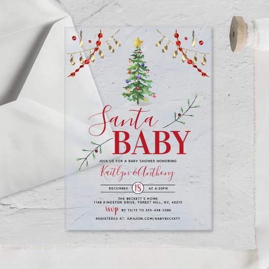 "Santa Baby" Waterverf kerstboom Baby shower Acryl Uitnodigingen