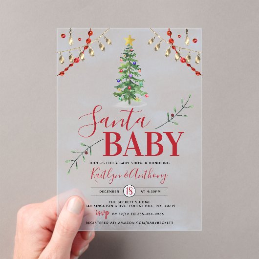 "Santa Baby" Waterverf kerstboom Baby shower Acryl Uitnodigingen (Insitu (Draagbaar))
