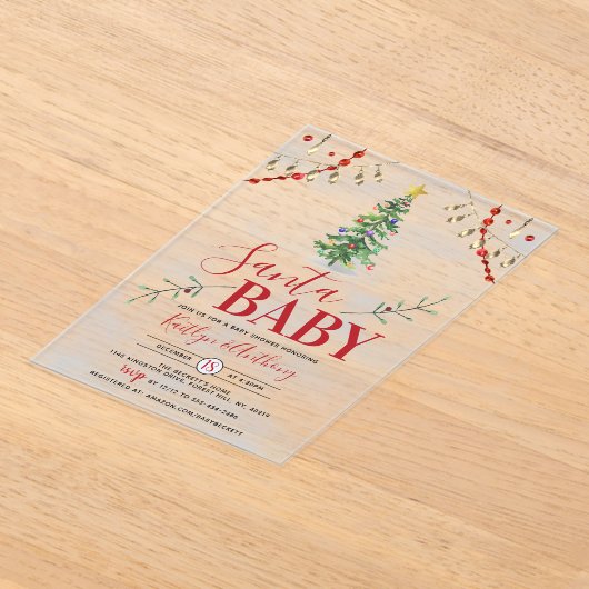 "Santa Baby" Waterverf kerstboom Baby shower Acryl Uitnodigingen (Laagn)
