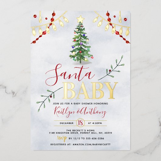 "Santa Baby" Waterverf kerstboom Baby shower Folie Uitnodiging (Voorkant)