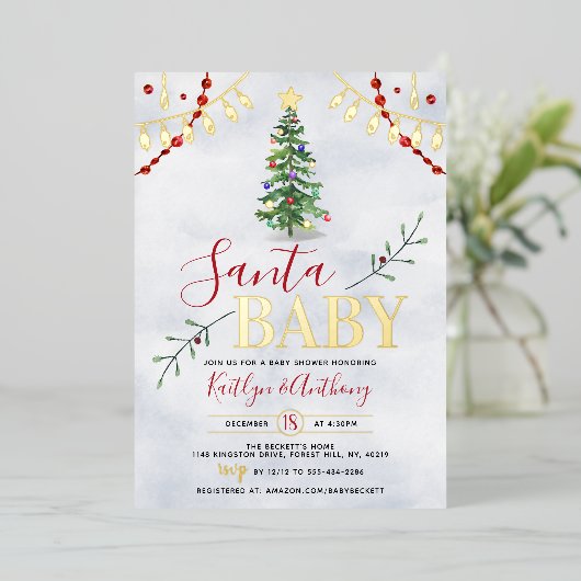 "Santa Baby" Waterverf kerstboom Baby shower Folie Uitnodiging (Staand Voorkant)